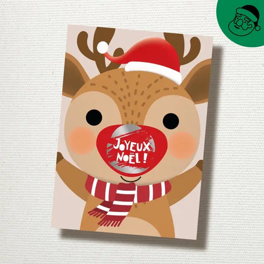 Carte de vœux à gratter Renne rigolo "Joyeux Noël" ( En supplément )
